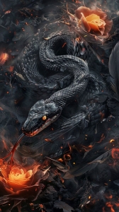 The Mesmerizing Dance of Danger and Beauty: A Black Snake Amid Fiery Orange Blossoms