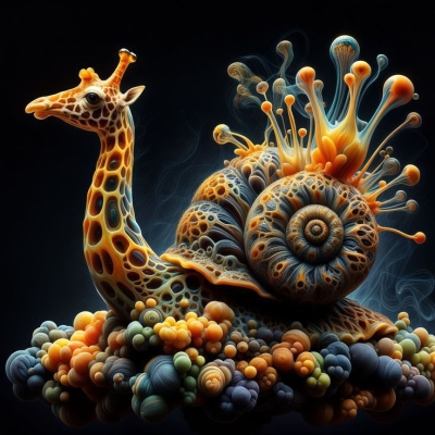 The Surreal Fusion: A Giraffe-Snail Hybrid in a Dreamlike Landscape