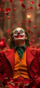 Theatrical Joy: A Clown's Dramatic Display Amidst Falling Rose Petals