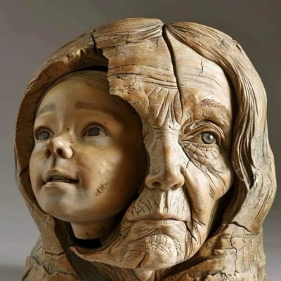 Timeless Transition: A Wooden Sculpture Embodying Youth and Aging