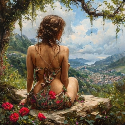 Tranquil Model amidst Blossoms: A Girl and Flower Story in Nature