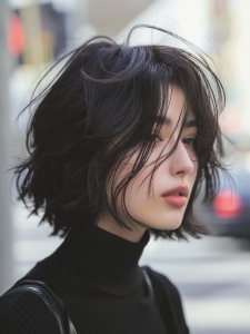 Urban Chic: Embracing the Casual Messy Hairstyle and Black Turtleneck