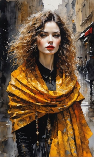 Urban Elegance: A Woman in an Orange Shawl Embracing City Life