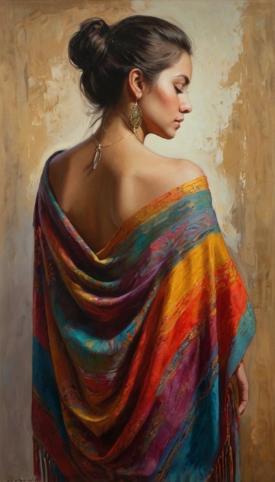 Vibrant Elegance: A Portrait of a Woman in a Colorful Shawl