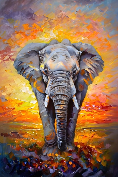 Vibrant Elephant Artistry: A Fusion of Wildlife and Sunset Splendor