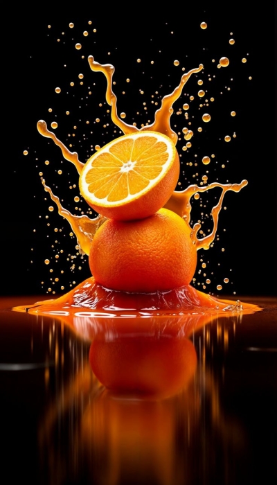 Vibrant Oranges and Splashing Juice Against a Dark Backdrop