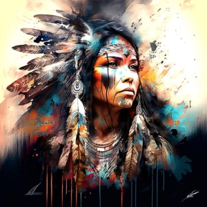 Vibrant Portrayal of a Woman with Traditional Accessories in Abstract Art