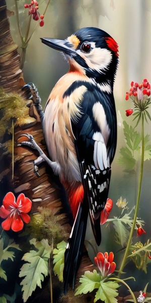 Vibrant Woodpecker Amidst Verdant Foliage and Red Blossoms