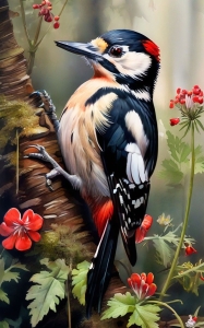 Vibrant Woodpecker Amidst Verdant Foliage and Red Blossoms