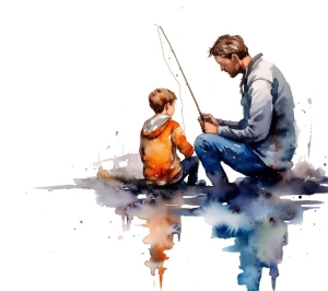 Watercolor Artistry: A Father's Fishing Lesson in Nature