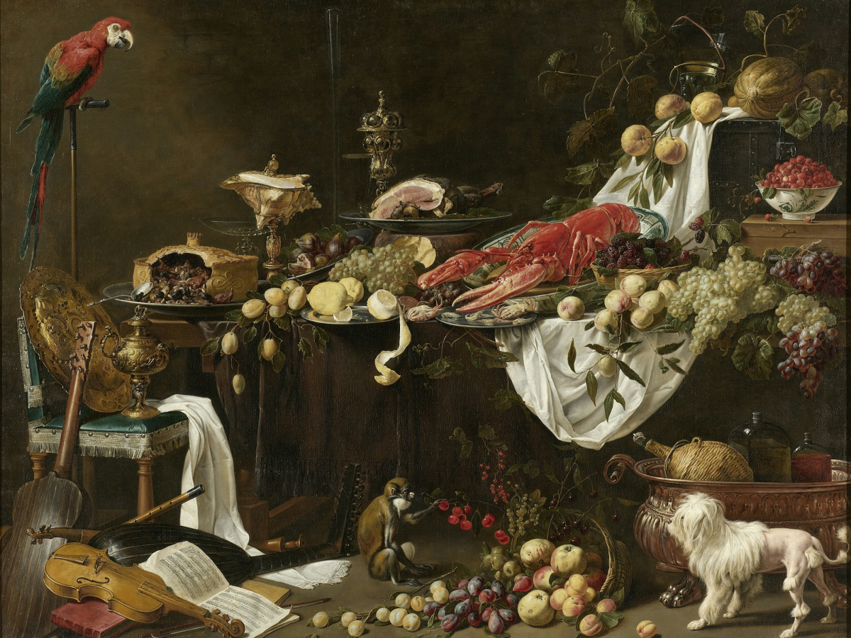 woman in white dress painting, title: Banquet Still Life.